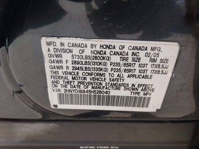 45718082 :رقم المزاد ، 2HNYD18845H526040 vin ، 2005 Acura Mdx مزاد بيع