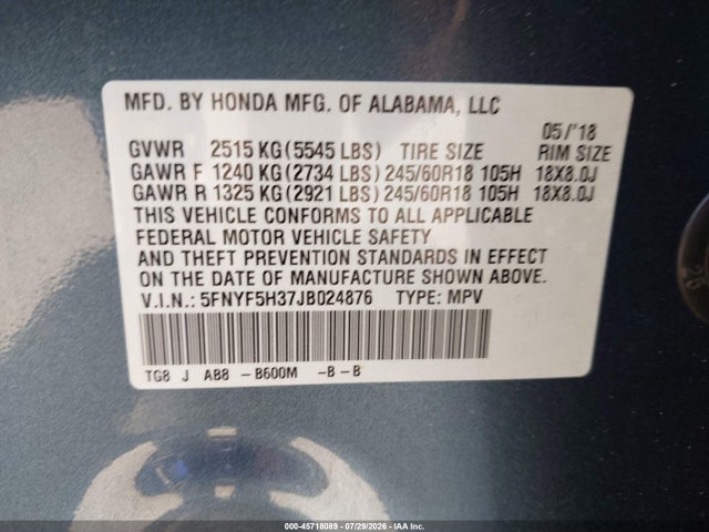 Honda Pilot Ex 2018 5FNYF5H37JB024876 Image 9