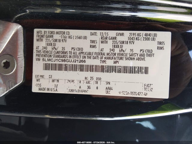 2016 Lincoln Mkc Premier მანქანა იყიდება აუქციონზე, vin: 5LMCJ1C98GUJ21266, აუქციონის ნომერი: 45718095