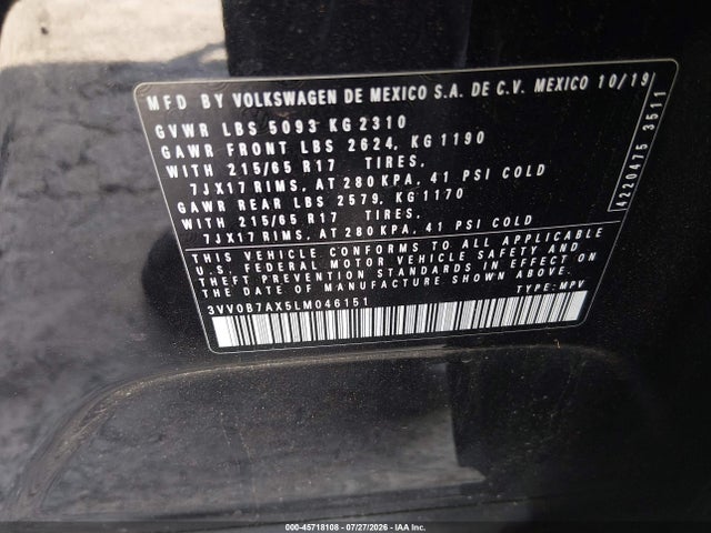 Aukcja sprzedaży 2020 Volkswagen Tiguan 2.0t S, vin: 3VV0B7AX5LM046151, numer aukcji: 45718108