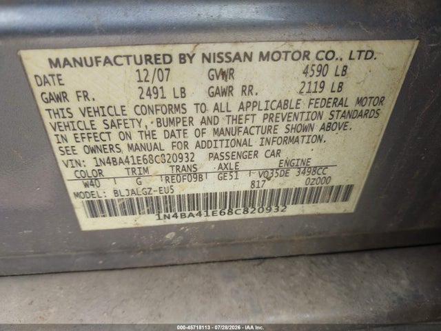 Продаж на аукціоні авто 2008 Nissan Maxima 3.5 Sl, vin: 1N4BA41E68C820932, номер лоту: 45718113