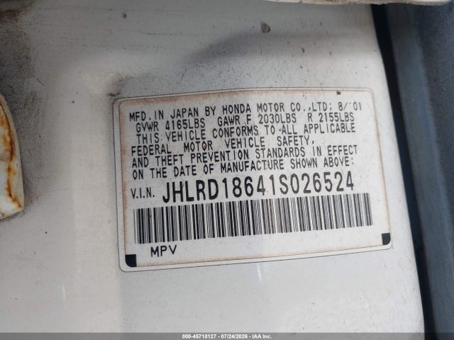 45718127 :رقم المزاد ، JHLRD18641S026524 vin ، 2001 Honda Cr-v Ex مزاد بيع
