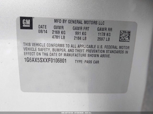 45718129 :رقم المزاد ، 1G6AX5SXXF0106801 vin ، 2015 Cadillac Cts Luxury مزاد بيع