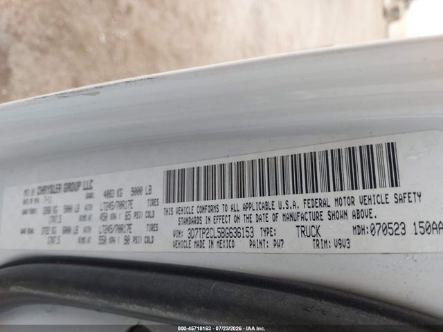 Продажа на аукционе авто 2011 Ram 2500 St, vin: 3D7TP2CL5BG636153, номер лота: 45718163