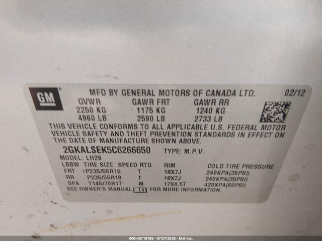 45718165 :رقم المزاد ، 2GKALSEK5C6266650 vin ، 2012 Gmc Terrain Sle-2 مزاد بيع