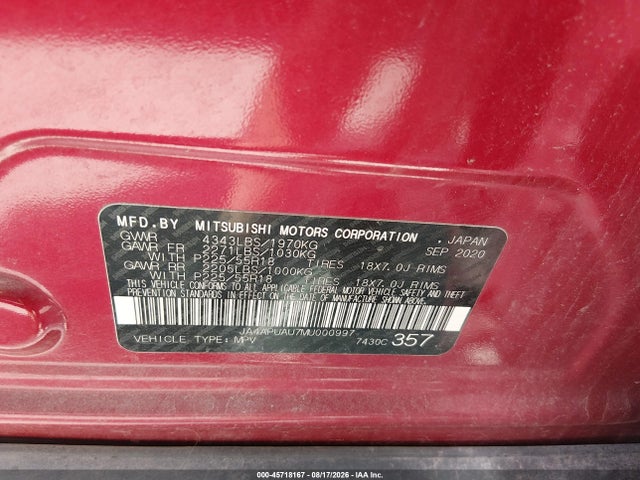 Aukcja sprzedaży 2021 Mitsubishi Outlander Sport 2.0 Es 2wd, vin: JA4APUAU7MU000997, numer aukcji: 45718167
