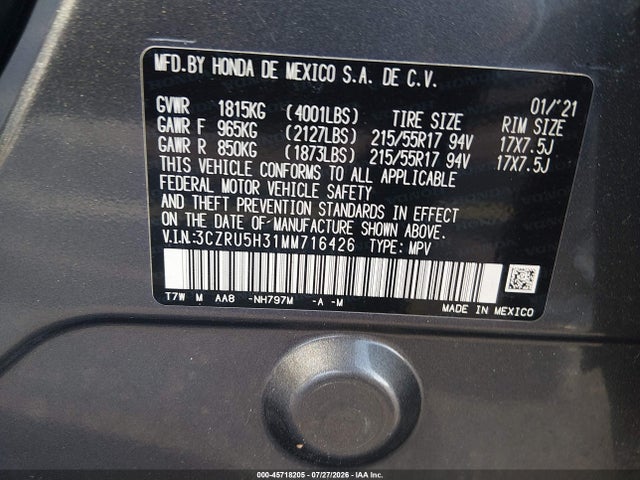 Aukcja sprzedaży 2021 Honda Hr-v 2wd Lx, vin: 3CZRU5H31MM716426, numer aukcji: 45718205
