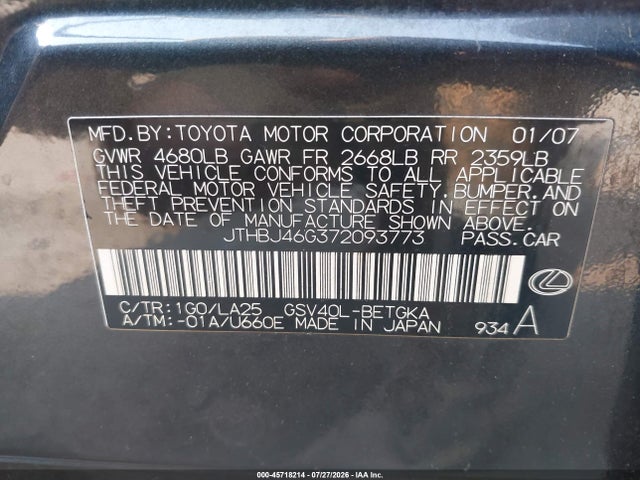 45718214 :رقم المزاد ، JTHBJ46G372093773 vin ، 2007 Lexus Es 350 مزاد بيع