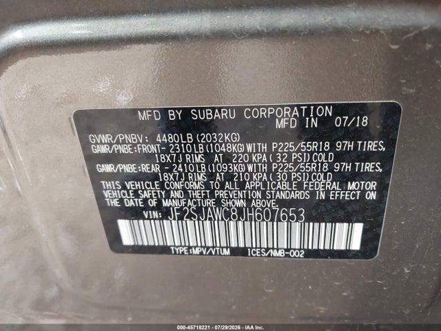 2018 Subaru Forester მანქანა იყიდება აუქციონზე, vin: JF2SJAWC8JH607653, აუქციონის ნომერი: 45718221