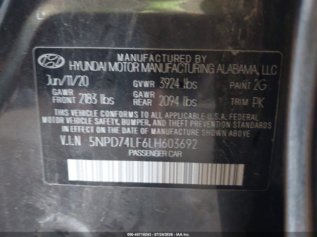 45718243 :رقم المزاد ، 5NPD74LF6LH603692 vin ، 2020 Hyundai Elantra Se مزاد بيع
