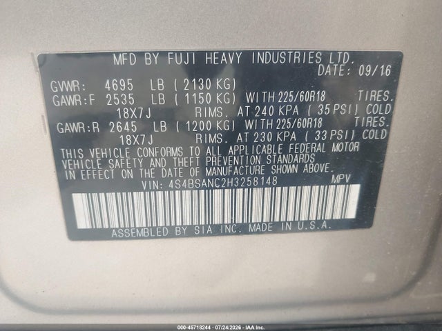 Продаж на аукціоні авто 2017 Subaru Outback 2.5i Limited, vin: 4S4BSANC2H3258148, номер лоту: 45718244
