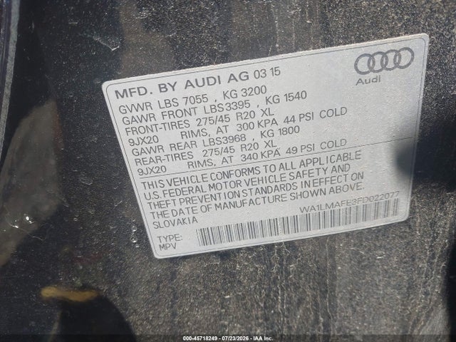 Продажа на аукционе авто 2015 Audi Q7 3.0 Tdi Premium, vin: WA1LMAFE3FD022077, номер лота: 45718249