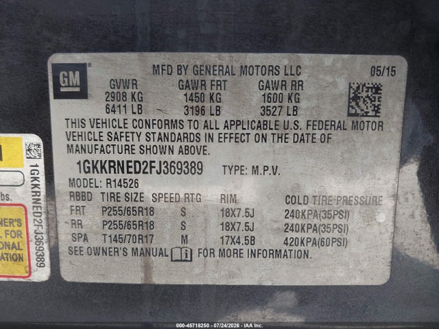 Продаж на аукціоні авто 2015 Gmc Acadia Sle-1, vin: 1GKKRNED2FJ369389, номер лоту: 45718250