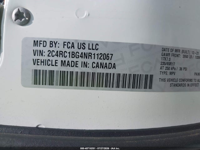 Aukcja sprzedaży 2022 Chrysler Pacifica Touring L, vin: 2C4RC1BG4NR112067, numer aukcji: 45718251