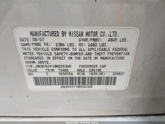 Продаж на аукціоні авто 2008 Infiniti G35x, vin: JNKBV61F18M250348, номер лоту: 45718291
