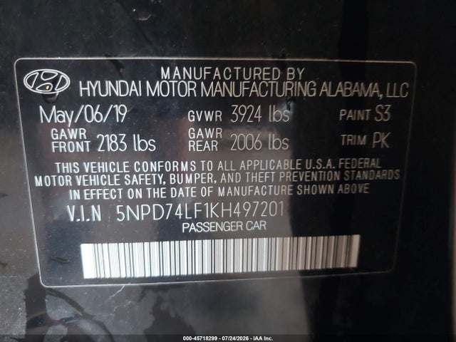 Продажа на аукционе авто 2019 Hyundai Elantra Se, vin: 5NPD74LF1KH497201, номер лота: 45718299