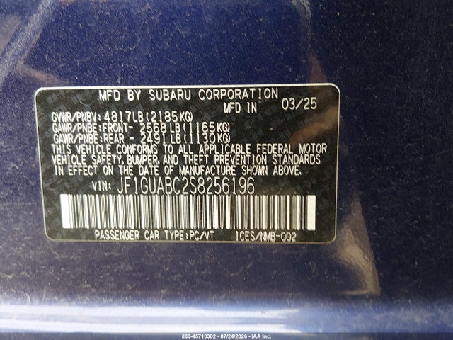 Aukcja sprzedaży 2025 Subaru Impreza Base 5-door, vin: JF1GUABC2S8256196, numer aukcji: 45718302
