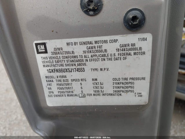 45718322 :رقم المزاد ، 1GKFK66UX5J174553 vin ، 2005 Gmc Yukon Xl 1500 Denali مزاد بيع