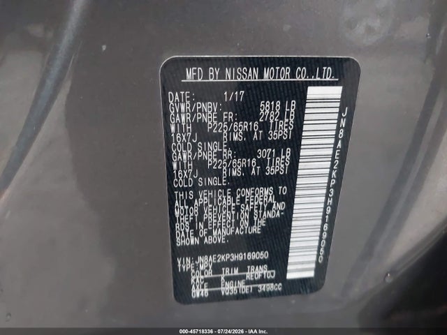 Продажа на аукционе авто 2017 Nissan Quest Sv, vin: JN8AE2KP3H9169050, номер лота: 45718336