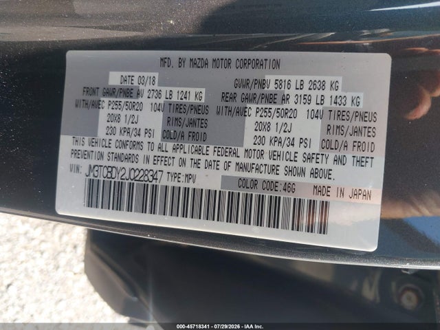 45718341 :رقم المزاد ، JM3TCBDY2J0228347 vin ، 2018 Mazda Cx-9 Grand Touring مزاد بيع