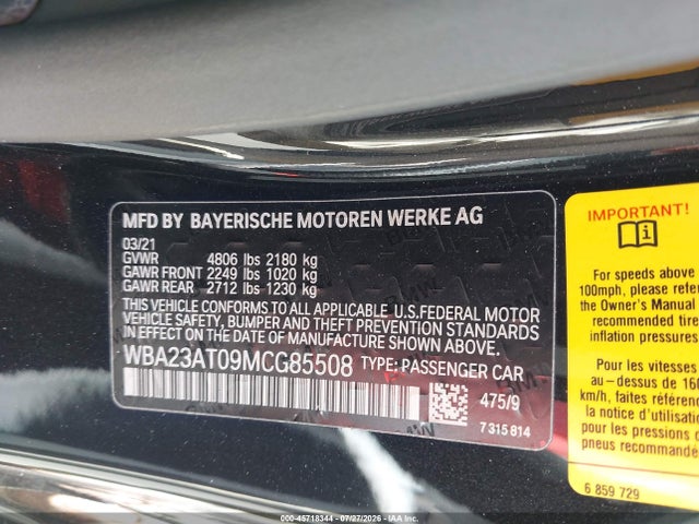 45718344 :رقم المزاد ، WBA23AT09MCG85508 vin ، 2021 Bmw 430i مزاد بيع