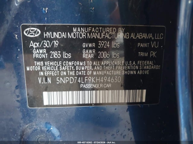 Продаж на аукціоні авто 2019 Hyundai Elantra Se, vin: 5NPD74LF9KH494630, номер лоту: 45718362