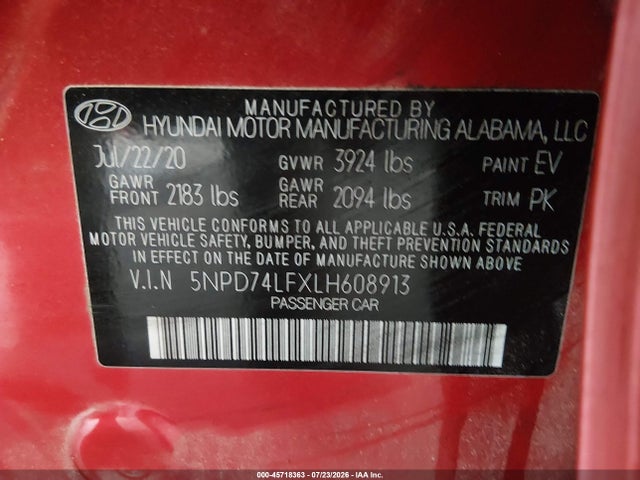 Auction sale of the 2020 Hyundai Elantra Se, vin: 5NPD74LFXLH608913, lot number: 45718363