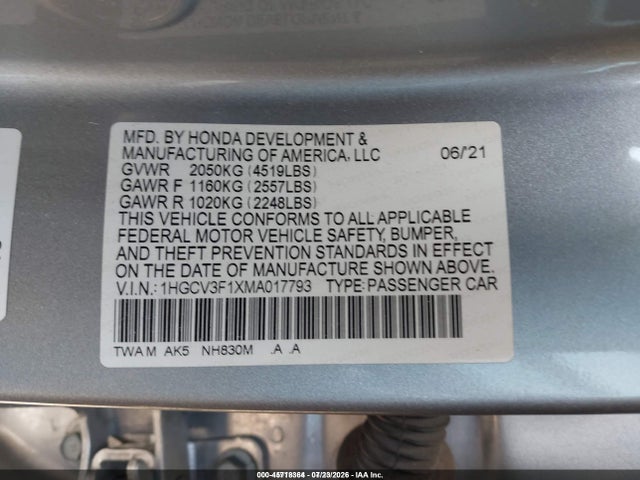 Aukcja sprzedaży 2021 Honda Accord Hybrid, vin: 1HGCV3F1XMA017793, numer aukcji: 45718364