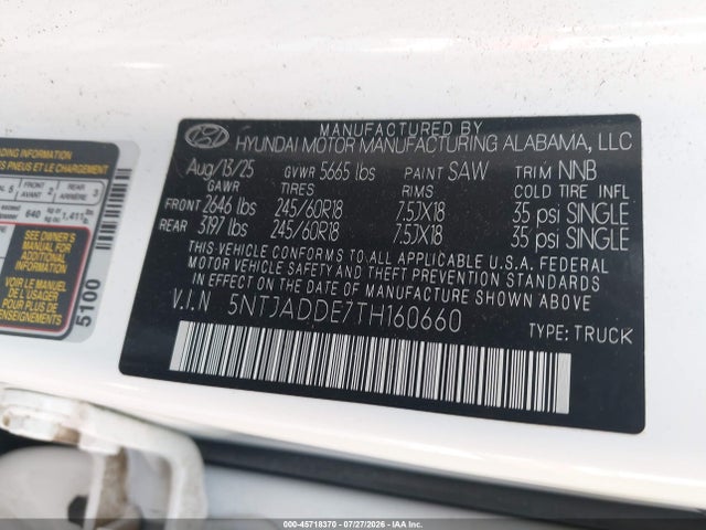 Aukcja sprzedaży 2026 Hyundai Santa Cruz Se, vin: 5NTJADDE7TH160660, numer aukcji: 45718370