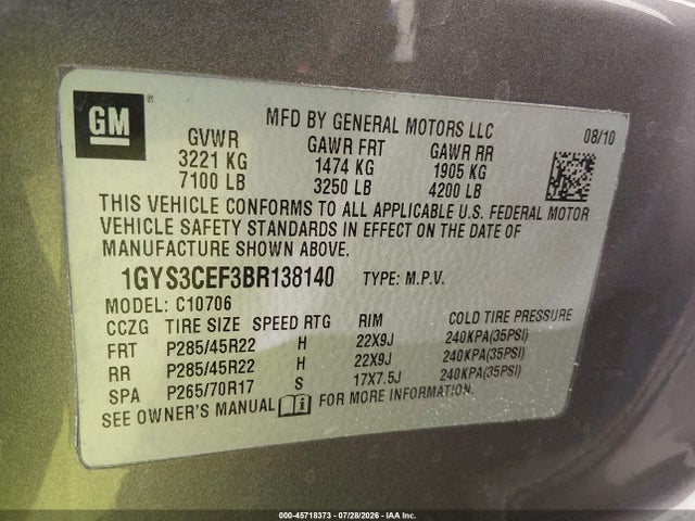 2011 Cadillac Escalade Premium მანქანა იყიდება აუქციონზე, vin: 1GYS3CEF3BR138140, აუქციონის ნომერი: 45718373