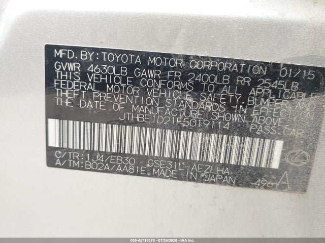 Aukcja sprzedaży 2015 Lexus Is 350, vin: JTHBE1D21F5019114, numer aukcji: 45718378