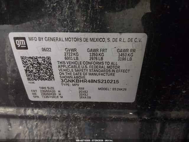 45718388 :رقم المزاد ، 3GNKBHR48NS210215 vin ، 2022 Chevrolet Blazer Awd 2lt مزاد بيع