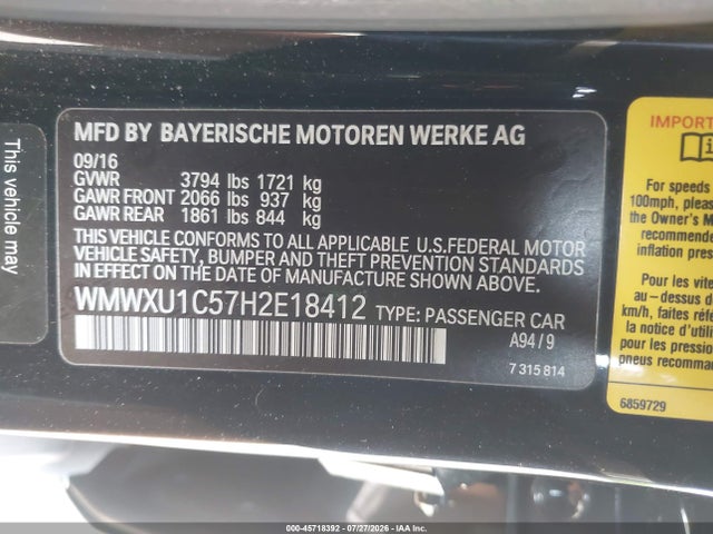 Aukcja sprzedaży 2017 Mini Hardtop Cooper, vin: WMWXU1C57H2E18412, numer aukcji: 45718392