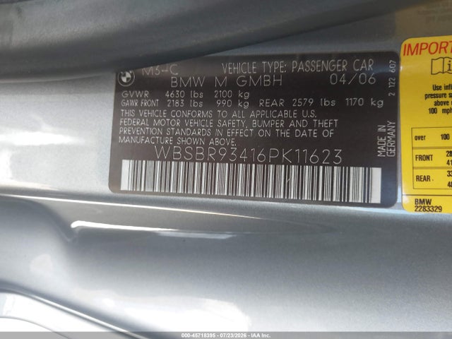 45718395 :رقم المزاد ، WBSBR93416PK11623 vin ، 2006 Bmw M3 مزاد بيع
