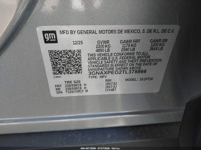 Продаж на аукціоні авто 2026 Chevrolet Equinox Awd Lt, vin: 3GNAXPEG2TL378866, номер лоту: 45718399