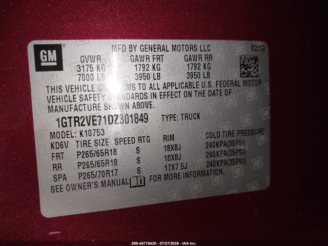 Aukcja sprzedaży 2013 Gmc Sierra 1500 Sle, vin: 1GTR2VE71DZ301849, numer aukcji: 45718420