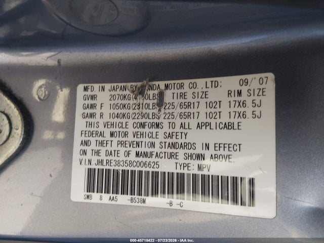 Aukcja sprzedaży 2008 Honda Cr-v Lx, vin: JHLRE38358C006625, numer aukcji: 45718422