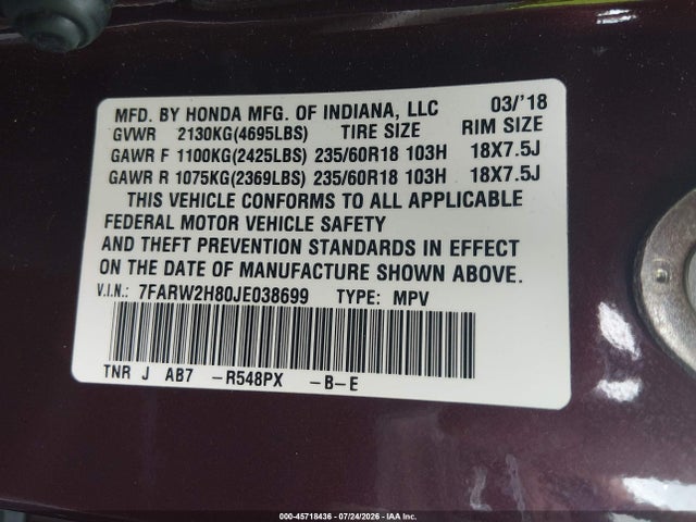 7FARW2H80JE038699 Honda Cr-v Ex-l/ex-l Navi