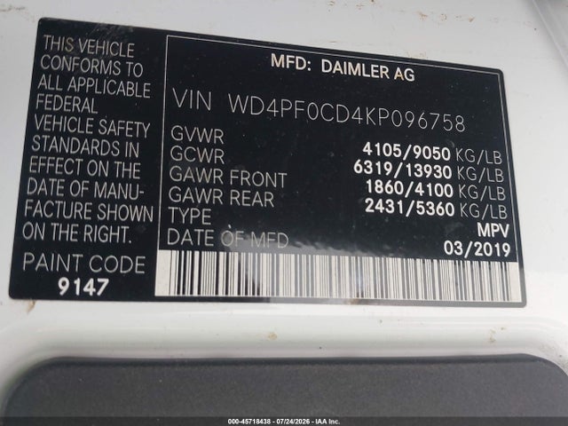 Aukcja sprzedaży 2019 Mercedes-benz Sprinter 2500 Standard Roof V6, vin: WD4PF0CD4KP096758, numer aukcji: 45718438