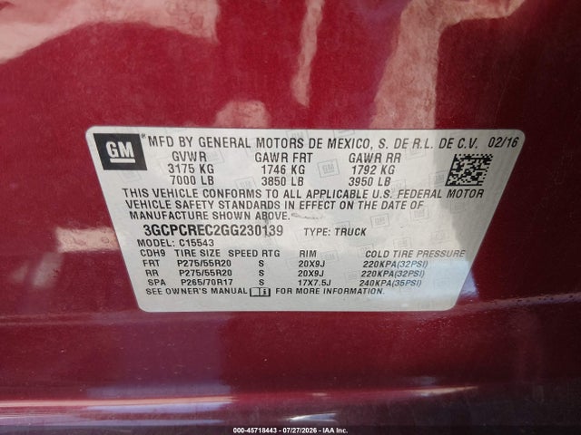 3GCPCREC2GG230139 Chevrolet Silverado 1500 Lt