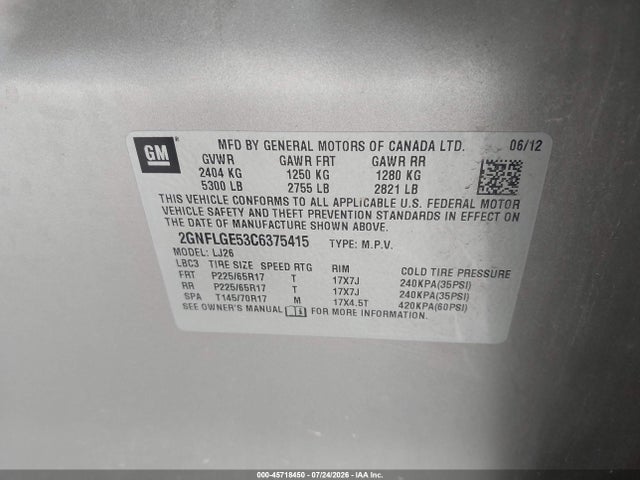2012 Chevrolet Equinox Ltz მანქანა იყიდება აუქციონზე, vin: 2GNFLGE53C6375415, აუქციონის ნომერი: 45718450