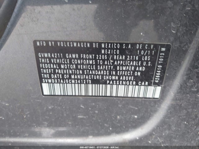 Aukcja sprzedaży 2012 Volkswagen Jetta 2.5l Se, vin: 3VWDX7AJ5CM341213, numer aukcji: 45718451