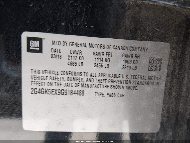 Продажа на аукционе авто 2016 Buick Regal Turbo, vin: 2G4GK5EX9G9184488, номер лота: 45718455