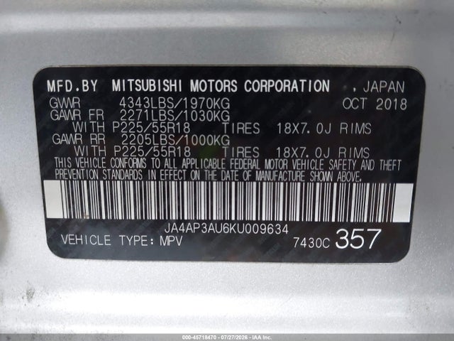 Aukcja sprzedaży 2019 Mitsubishi Outlander Sport 2.0 Es, vin: JA4AP3AU6KU009634, numer aukcji: 45718470