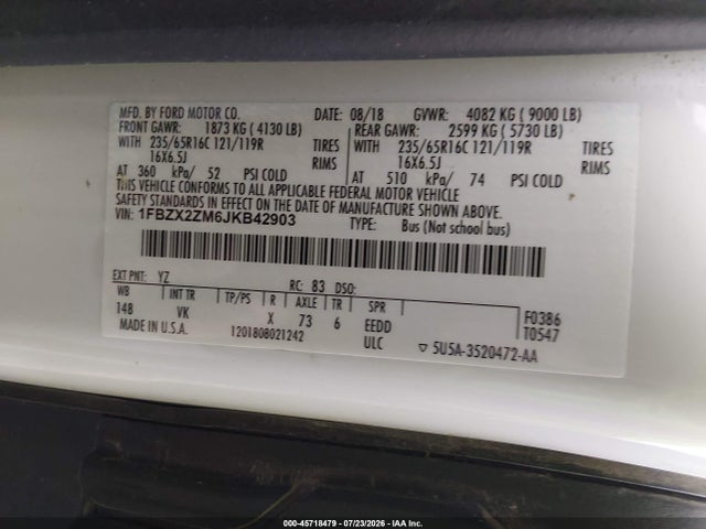 1FBZX2ZM6JKB42903 Ford Transit-350 Xl