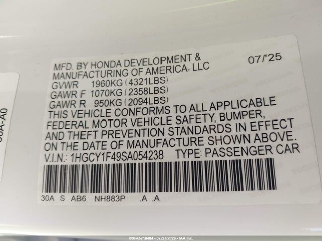 Aukcja sprzedaży 2025 Honda Accord Se, vin: 1HGCY1F49SA054238, numer aukcji: 45718484