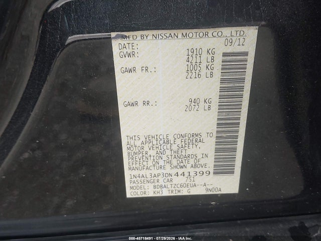 45718491 :رقم المزاد ، 1N4AL3AP3DN441399 vin ، 2013 Nissan Altima 2.5 Sv مزاد بيع