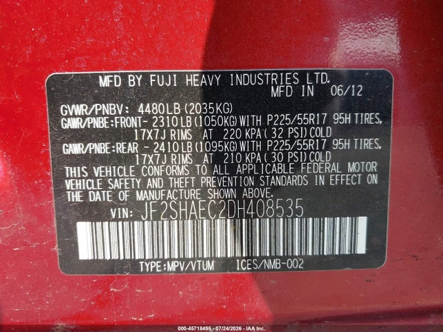 Продажа на аукционе авто 2013 Subaru Forester 2.5x Limited, vin: JF2SHAEC2DH408535, номер лота: 45718495