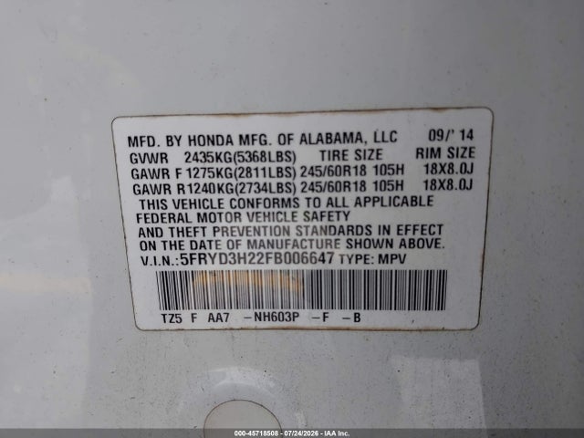 45718508 :رقم المزاد ، 5FRYD3H22FB006647 vin ، 2015 Acura Mdx مزاد بيع