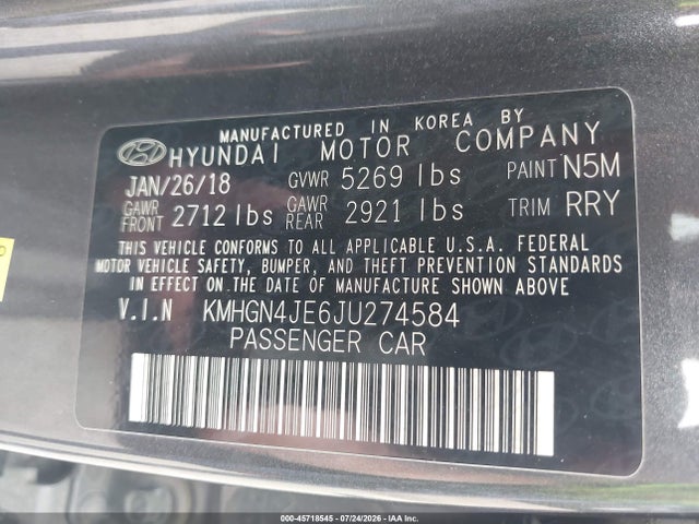 Продажа на аукционе авто 2018 Genesis G80 3.8, vin: KMHGN4JE6JU274584, номер лота: 45718545